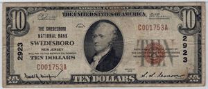 10 dollar The Swedesboro National Bank. NJ. Kv.1-