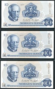 Ti 10 kroner 1977, alle med serie nummer som begynner med Q. Erstatningssedler. VK