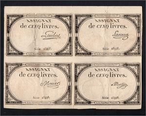 FRANKRIKE, Revolutionssedlar, fyra Assignater monterade på kartong, diverse defekter