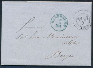 Brev sent fra Altona 29-5-57 til Bergen. Transittst "Sandøsund 30-5-1857"