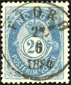 40 II. 20 øre blå 1883, rettvendt fullstemplet "Florø 27.5.1884".