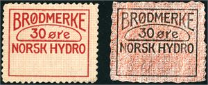 Norsk Hydro. Brødmærke 30 øre. To ulike typer.