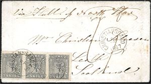 7. 9 skillings porto til Scotland. 3 skill i horisontal 3-stripe på konvolutt til Leith, stemplet Christianssand 6.7.1867". "Ship-Letter London" og "Edin Jy 9 67" stemplet på baksiden.