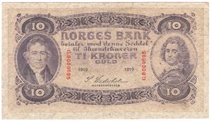 10 kroner 1919 G.8009695. Kv.1+/01