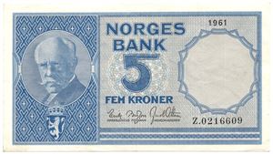 5 kroner 1961 Z.0216609 erstatningsseddel. Kv.1+
