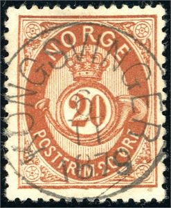 27. 20 øre skravert Posthorn, rettvendt fullstemplet "Kongsvinger 6.11.1878".