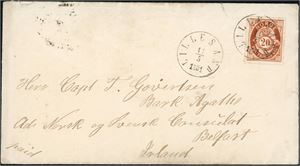 27. 20 øre skravert Posthorn på konvolutt til Belfast Irland, stemplet "Lillesand 13.5.1881". Ankomststemplet på baksiden. Konvolutten med en ørliten rift oppe, som sees lite og som ikke berører merket.