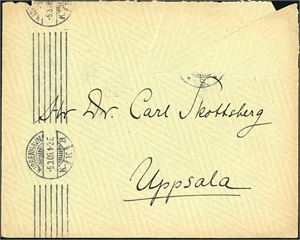 A complete letter with envelope (the stamps has been remowed) from "Den Danske Arktiske Station, Disko, Frønland" in 1906 to "Dr carl Skottsberg" in Uppsala.