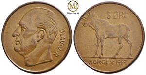 5 øre 1959 Olav V. Prøve mynt. Meget pent eksemplar. Kv.01