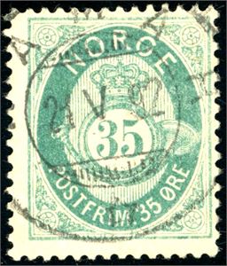 29 b. 35 øre skravert Posthorn i sjøgrønn nyansen, stemplet "Hamar 21.5.92".