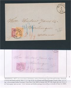 Brev med Nk 11 og 15 til Nederland stemplet "RIISØER 8-3-1872". Attest Aune og detaljert beskrivelse følger