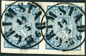 1. 4 skilling våpen 1855 i horisontalt par, hvert merke pent stemplet "Grimstad 19.5.1856". Meget gode marger. Attest FCM