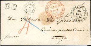 Ufrankert konvolutt, stemplet "Wiborg 7.10.1869" og sendt til Borøens Postaabneri. Forsiden har i tillegg to russiske stempler, baksiden stemplet "Sandøsund 12.10.1869". Fettflekk etter et segl.