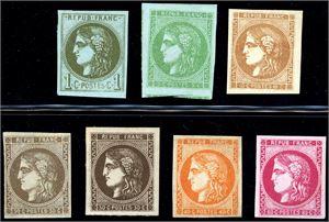 36/44. Seven mint stamps from the "Bordeaux" issues. The 10 c is orange brown (signed Diena) and one 30 c is in blackish brown shade. 1 c and 80 c seems to be unmounted mint.