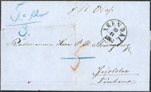 Ufrankert brevomslag, stemplet "Arendal 29.11.1865" samt påskrevet "pr St. Olaf" på forsiden og sendt til Jacobstad, Finland. Baksiden med det ovale "Norwegen direct.", to ulike stempler fra Hamburg samt russisk transittstempel.
