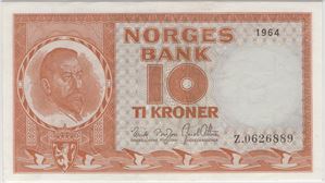 10 kroner 1964 Z.0626889. Erstatningsseddel. RR. Kv.1+/01