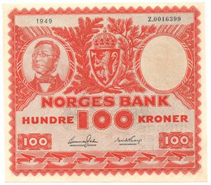100 kroner 1949 Z.0016399 Erstatningsseddel.  RRR-seddel. Kv.01