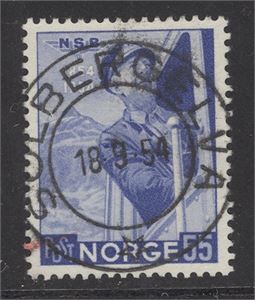NK 421 lux SOLBERGELVA 18-8-54 på 55 øre NSB.  Litt stempelavsv. Øverst.