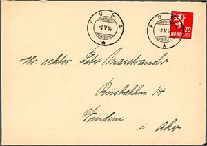 246. 20 øre Løve på konvolutt, annullert med hjelpestempel "Fusa 8.5.44" (HO).