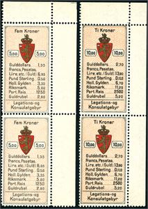 Legations- og Konsulatgebyr. 14 postfriske og drøyt 40 brukte merker.