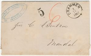 Portostempel Brev st Drammen 2/11-1867 med sort portotall type 3 (store 5) påf. 6 i rødt, sendt til Mandal
