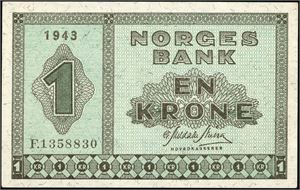 1 krone 1943, serie F.1358830. 0/01