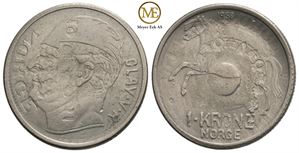 1 krone 1951 med tosidig dobbeltpreg av 1958