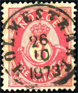 18. 3 skilling Posthorn, rettvendt fullstemplet "Holmestrand 26.10.1873".