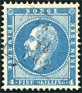 4 c. 4 skilling Oscar i melkeblå nyanse, annullert med det private dampskipsstempelet "Fjalir" i 1862.
