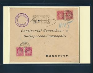Nk 77 I x4 på rekbrev stemplet "CHRISTIANSSAND 15 X 00" til Hannover, Tyskland. Oppgitt: 1 kjent.