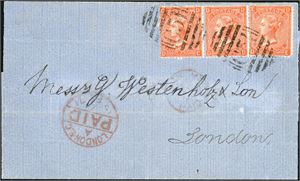 Z 10/95. DWI. 1/- postage to London, made by three 4d orange (pl 12) on cover, cancelled "C 51". Arrival postmark "London Paid" in 1871 at side. The right 4d with two short corner perfs.