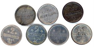 Syv stk 2 skillinger. Hhv. 1842 (3 stk), 1843, 1870, 1871 rosett og 1871 stejerne. Vk
