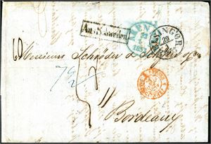 Komplett brev, stemplet "Arendal 23.1.1863 og sendt til Bordeaux. Forsiden med transittstemplene "Helsingør 29.1.1853" og "Preusse 2 Valenciennes 3.2", "Aus Schweden" samt påskrevet portotall "7 1/2". Baksiden med flere stempler. Bl.a. "Berlin-Minden" og "Minden-Deutz 2.2".