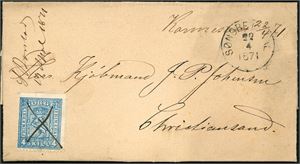 14. 4 skill 4 på brev, anert med blekkryss og ved siden håndskrevet "Konnesmo 22.4.1871" og ved siden stemplet "Søndre Undal 22.4.1871".