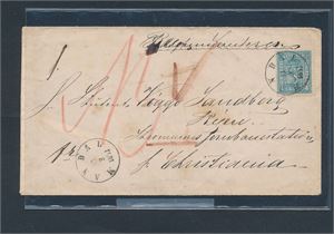 Brev med Nk 14 stemplet "MANDAL 13-3-1871" til Christiania. Vertikal arkivbrett