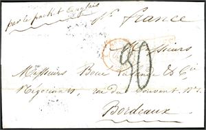 A complete letter dated "St. Domingo 23 feb 1852, and sent to Bordeaux, with British Packet Mail to Southhampton. "Colonies &c. Art. 13", "Angl Calais" and French postage number "90" at front. "St Thomas", "Paris" and "Bordeaux" cds at reverse.