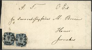 1. To 4 skilling våpen 1855 på komplett brev, hvor hvert merke er pent stemplet "Hønefos 23.5.1856" og sendt til Jevnaker. Merkene med brede marger.