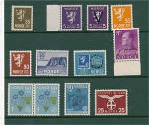 Ubrukt samling i LT album til 1989. Noen eldre dels uten lim, som Nk 149. Fyldig etter 1945, alle merkene på foto minus 149 er xx