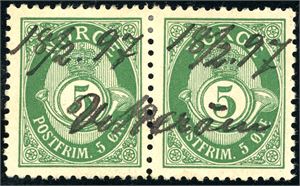 67. 5 øre grovtagget Knudsen i horisontalt par, anert med håndskrevet "18/2 97 Vikerøen". Luksus.