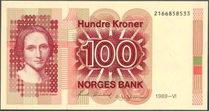100 kroner 1989, nr 2166858533. 0