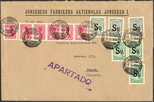 SCADTA LA 675,LA 677,Columbia 241. Envelope from the company Jonsereds Fabrikers Aktiebolag, Sweden franked with three 10 c- and three 20 c SCADTA with overprint "SU" (Sweden) together with six 2 c Colombia 1917, cancelled "Serwicio de Transportes Aereos Barranquilla 3.6.1929" and sent as Airmail to Bogota, Colombia. "Servicio Transportes Aereos Bogota 5.6.1929" cds at reverse. A tear goes in from the right sid, but this not affect the stamps.