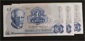10 kroner 1974 Norge 0/01 QÅ0338077-79, erstatningssedler, 3 stykk