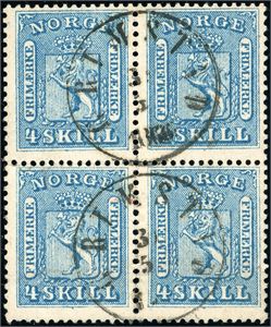 8 IIa. 4 skill i 4-blokk, stemplet "Grimstad 3.5.1865". Attest FCM.