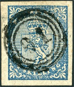 1. 4 skilling våpen 1855 variant "Dobbelfot" (D 40), anert med nummerstempel "91" (Grimstad). Gode marger.