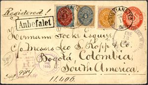 D.W.I. A 3c stationary envelope upfranked with 3c, 4 c and one 7c, cancelled "Christiansted 25.11.1895" and sent registered to Columbia. Arrival postmark at side.
