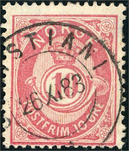 38 yX. 10 øre posthorn på papir fra Bentse, stemplet "Christiania 26.11.83". Signert Tysland.