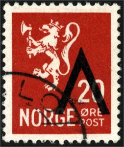 282. 20 øre V med variant "Omvendt V overtrykk". Hjørnestemplet "Oslo". Garantistemplet "Ekte OFK" samt attest FCM.