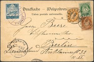 74,75,76,Spitsbergen E 3. Tre posthornmerker på postkort, stemplet "Hammerfest 21.8.03" og sendt til Tyskland. Ved siden påsatt en 10 øre Spitsbergen-etikett, stemplet "Eisfjord" samt ankomststempel "Berlin".