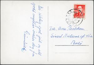 460. 45 øre Olav på konvolutt, annullert med hjelpestempel "Gladstad 20.12.58" (NO). Merket med rundt hjørne.