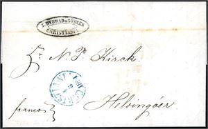 To brev, begge påskrevet "franco" og begge sendt med sjøpost til Danmark. Det ene stemplet "Christiania 4.8.1854" og det andre datert "Bergen 29.12.1868" og sendt med privat båt.